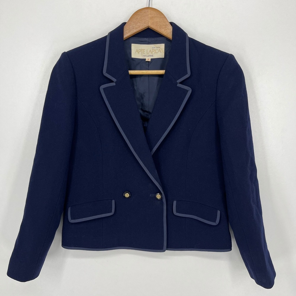 Apte Lapica par Lapine Navy Blue Wool Double Breasted Blazer Contrast Trim Sz 7